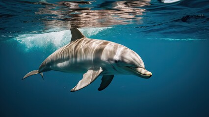 Obraz premium Dolphin gracefully swimming just below the vibrant turquoise waters surface with sunlight reflections enhancing its sleek form in clear aquatic environment