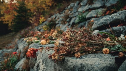 Obraz premium Dried herbs and flowers scattered on a textured stone hillside showcasing warm autumn colors with dew drops glistening after a chilly morning.