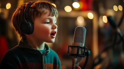 A young boy using voice recognition on a smart device, speaking into the microphone.