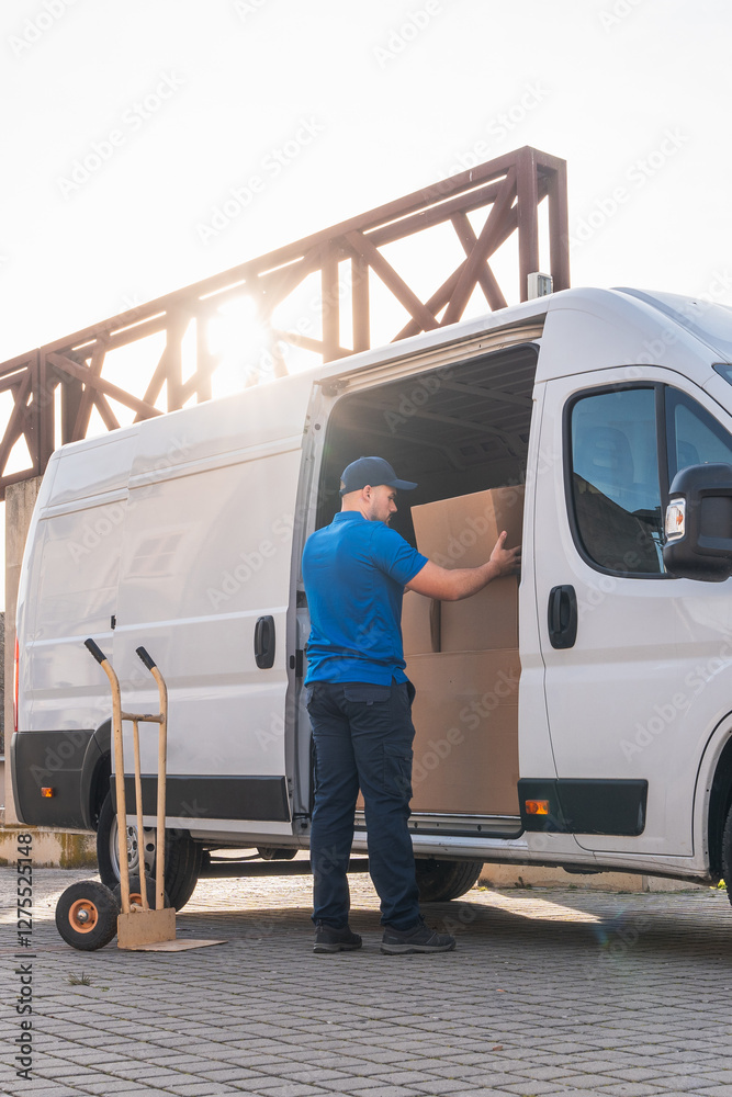 Poster delivery driver loading boxes into van for shipment. delivery driver concept in a van. man in blue u