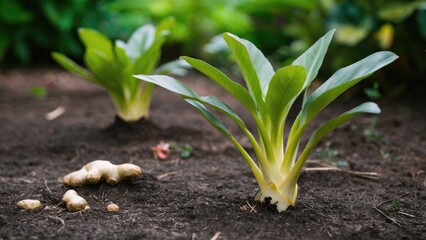Fototapeta premium Fresh green ginger shoots emerging from dark soil with a few small ginger roots in the foreground, surrounded by lush garden foliage.