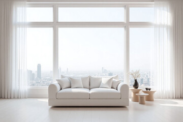 Modern living room window view city white sofa side tables