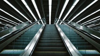 Obraz premium Modern escalator descending with metallic steps and illuminated ceiling lights in a symmetrical layout showcasing shadows and sleek design.