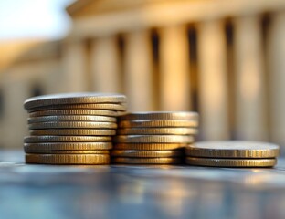 Coins stacked, growth chart, courthouse backdrop, financial concept