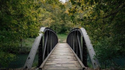 Obraz premium Vintage bridge with rustic metal arches surrounded by lush green trees and serene water, creating a peaceful natural setting.