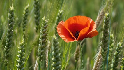 Naklejka premium Vibrant orange poppy stands tall among lush green wheat spikelets in a sunlit field creating a striking contrast of colors and textures.