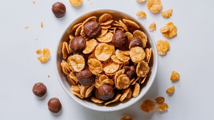 Obraz premium Bowl filled with chocolate-coated corn flakes atop a white surface, surrounded by scattered flakes and chocolate balls in warm golden hues.