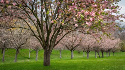 Fototapeta premium Blossoming birdcherry trees in vibrant pink and white flowers surrounded by lush green grass in a serene spring landscape.