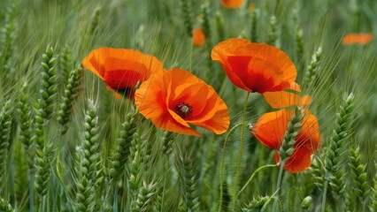 Vibrant orange poppies blooming prominently in a lush green wheat field with tall spikelets swaying gently in the breeze.