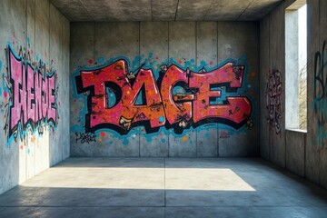 Naklejka premium Urban Concrete Room with Vibrant Graffiti Art Featuring Bold Letters and Splashes of Color