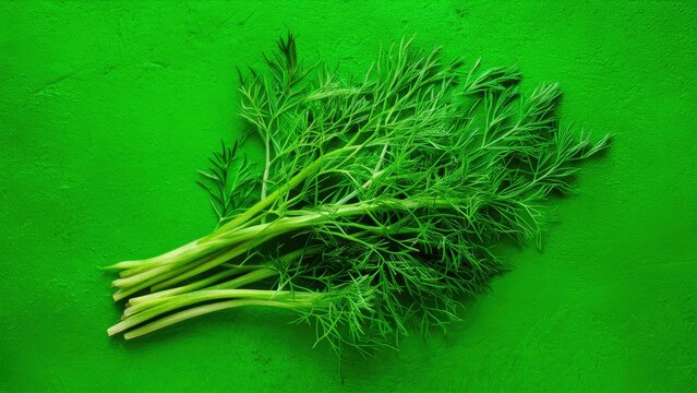 Vibrant green dill resting diagonally on a lush green textured background symbolizing freshness and healthy culinary choices