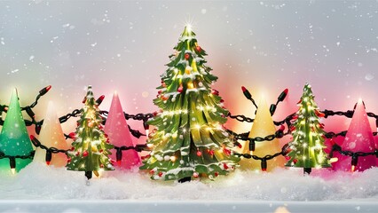 Festive Christmas scene featuring a decorated tree surrounded by colorful blurred lights in pink and green against a snowy white background.