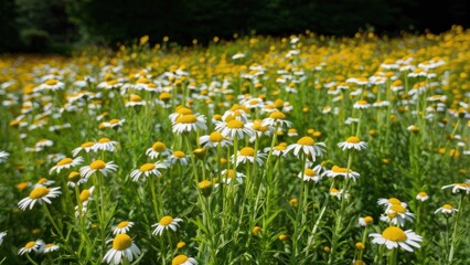 Fototapeta premium Vibrant field of chamomile flowers with white petals and yellow centers in foreground, blurred green background, sunny day with bright colors.