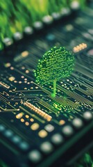 Green tech tree on circuit board, nature in tech