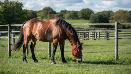 Fototapeta premium Horse grazing peacefully in a lush green pasture, brown coat glistening under sunlight, rustic wooden fence framing a serene rural landscape.