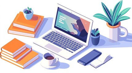 Home Office Setup Illustration with Laptop, Books and Plants - Modern Workspace Concept