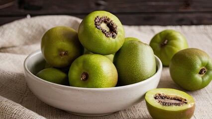 Fresh feijoa fruits arranged in a white ceramic bowl on a textured beige cloth with dark wood background highlighting their vibrant green colors.
