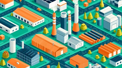 Obraz premium Industrial Park Isometric View, Manufacturing and Factory Illustration