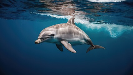 Fototapeta premium Dolphin swimming gracefully just below the water's surface in clear blue waters with gentle waves reflected above in bright sunlight