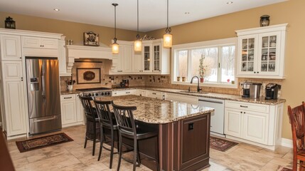 A clean and contemporary European kitchen with built-in storage, under-cabinet lighting, and a spacious island, top view.