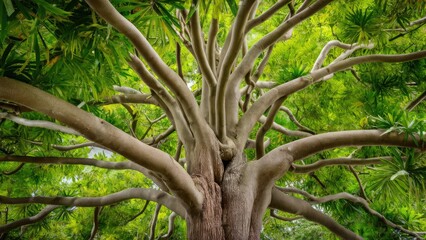 Fototapeta premium Vibrant green foliage and intricate branching of a Wrightia religiosa tree showcasing a unique trunk structure against a sunny background.