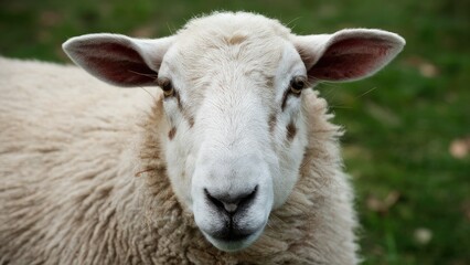 Fototapeta premium Closeup of a sheep's face featuring soft white wool and prominent ears against a green background, showcasing intricate facial details and textures.