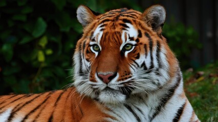 Fototapeta premium Majestic adult tiger with vivid orange and black stripes set against a lush green background, showcasing sharp eyes and strong facial features.
