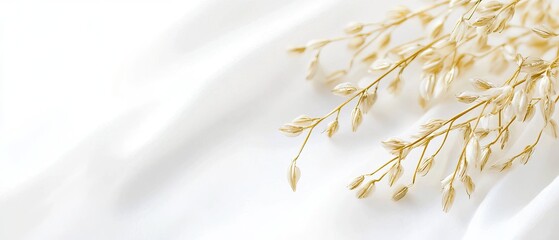 Delicate dried flower stems arranged on a white fabric background.