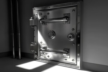 Metallic vault door in dimly lit room