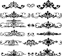 a collection of ornate, black, filigree line dividers, likely for graphic design