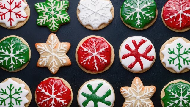 Colorful assortment of decorated Christmas cookies featuring red green and white icing arranged on a dark background creating a festive atmosphere