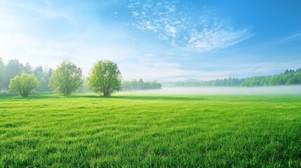 Obraz premium Serene Misty Meadow Landscape: Picturesque Spring Morning in a Lush Green Field