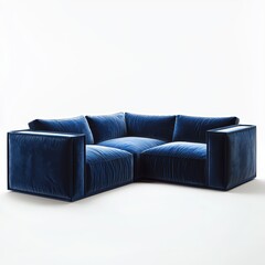 Obraz premium Striking blue velvet corner couch with sleek L-shaped form isolated on white