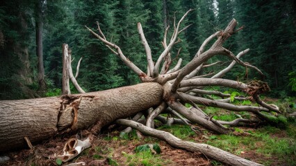 Obraz premium Fallen tree with exposed roots in a lush green forest surrounded by dense coniferous trees showcasing shades of brown and green.