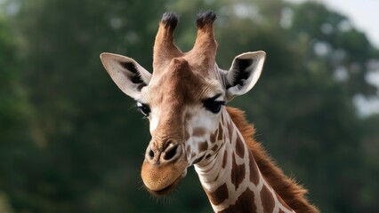 Fototapeta premium Close-up of a Giraffe's head with prominent ossicones and distinct coat pattern, set against a blurred green natural background.