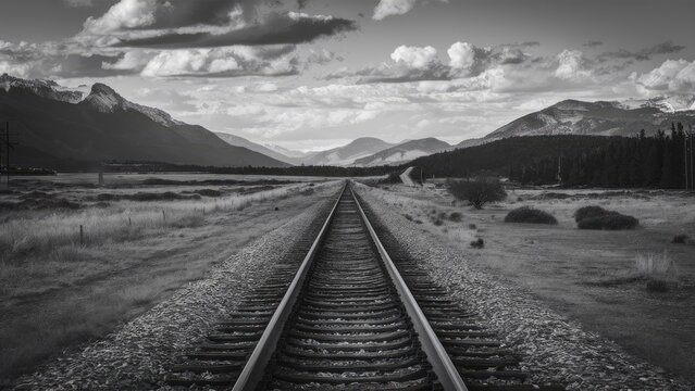 Lonely railroad tracks stretching into the distant mountains under a dramatic sky in black and white, surrounded by lush fields and hills. - Powered by Adobe