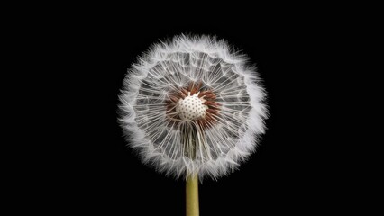 Fototapeta premium Closeup of a dandelion flower in white hues against a solid black background, centered with delicate seed structures radiating outward.