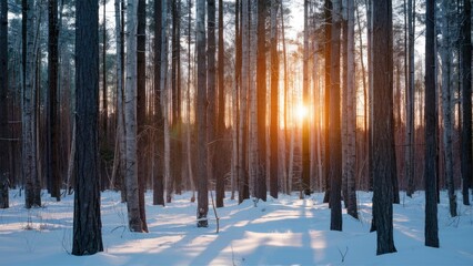 Obraz premium Sunset over a snowy northern forest with tall pine trees casting long shadows in soft evening light, warm orange glow contrasting cold blue tones
