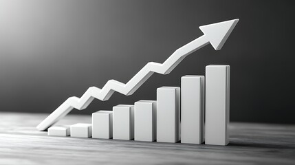 3D Bar Graph Showing Growth and Progress, A 3D bar graph with ascending bars and an upward arrow, symbolizing growth