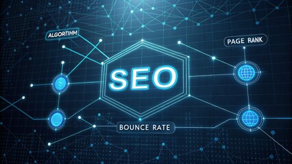 The image showcases a digital representation of SEO concepts, featuring keywords like "algorithm," "page rank," and "bounce rate" within a networked design.