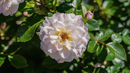 Blooming double delight rose in soft white and pale pink hues, framed by vibrant green leaves, illuminated by sunlight in a lush garden setting.