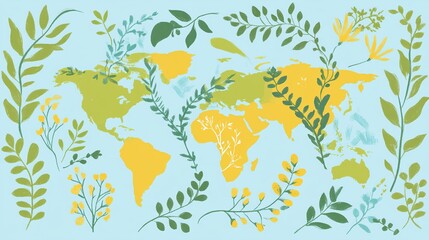 Global flora map, plant growth, illustration, design, background, pastel, environment, spring