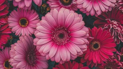 Vibrant pink gerbera daisies in various shades with dark green foliage background showcasing a lush, fresh floral arrangement.