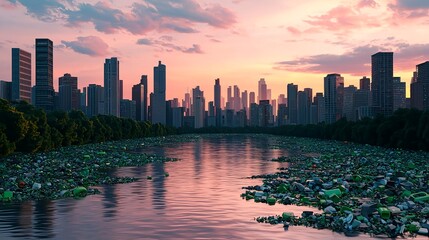 Obraz premium Pollution in City River: Urban Landscape, Environmental Damage, Waste