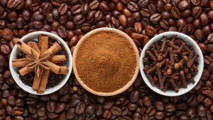Fototapeta premium Aromatic coffee beans with ground cinnamon, cloves, and star anise arranged in white bowls on a textured coffee bean backdrop in warm brown tones.