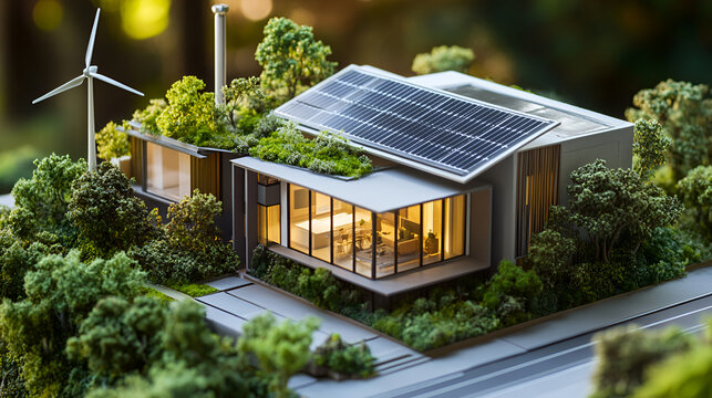 Eco friendly house model with solar panels and wind turbine sustainable architecture concept green building design renewable energy environmental conservation eco home image