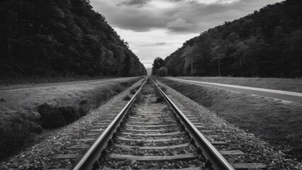Fototapeta premium Black and white photograph of railroad tracks stretching into the distance between green hills under a cloudy sky with gravel foreground.