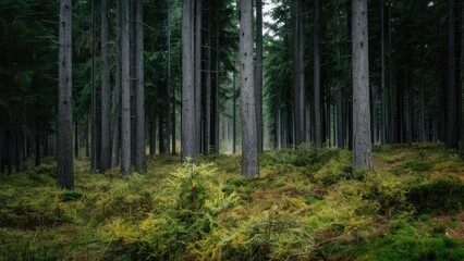Fototapeta premium Dense coniferous forest with tall gray trees arranged vertically and lush green undergrowth creating a serene and tranquil atmosphere.