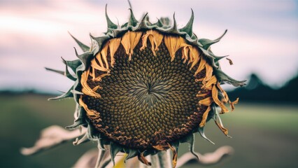 Close-up of a dried sunflower head with intricate golden petals and textured seeds on a softly...