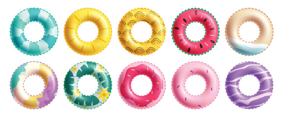 Summer floaters ring clipart set. Colorful inflatable ring object for beach and swimming pool life saver equipment clip art collection elements vector illustration.